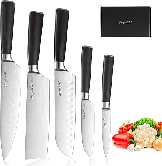 Knives Set for Kitchen, Chef's Knife Set Professional with Chef Santoku Cleaver Nakiri Fruit 5pcs Knife - Damascus Stainless Steel Cooking Knife Set with pakkawood Handle.