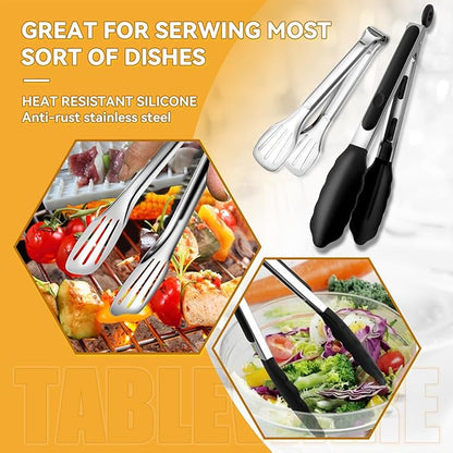 Serving Utensils Set for Partie, Silver Stainless Steel Metal Serveware Large Serving Spoons, Slotted Spoons, Forks, Tongs, Soup and Skimmer Spoon, Cake Server for Buffet, Catering, Entertaining 15pcs