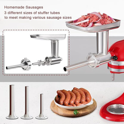 Stainless Steel Meat Grinder Attachment for KitchenAid Stand Mixers, Includes 3 Grinding Plates & 3 Sausage Stuffer Tubes, All-Metal Food Grinder, Dishwasher Safe