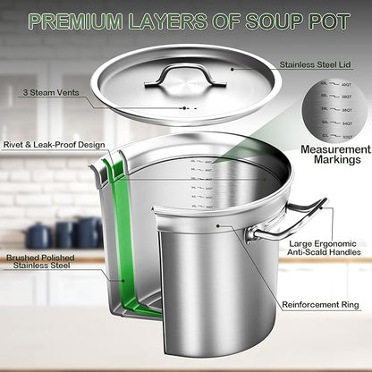 Large Soup Pot with Lid - 40 QT Stainless Steel Stockpots, Cooking Pots, Stock Pot with Lid, Big Pots for Cooking, Heavy Duty, Induction & Oven Safe, Stainless Steel Soup Pots