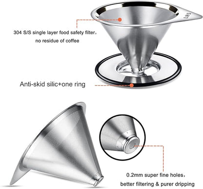 LHS Pour Over Coffee Dripper Stainless Steel Coffee Filter Metal Cone Filter Paperless Reusable Coffee Filter Single Cup Coffee Maker 1-4 Cup With Non-slip Cup Stand and Cleaning Brush
