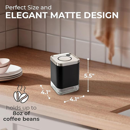 Kaffe Glass Coffee Canister (8oz) w/Airtight Lid - Click to Release Seal - BPA Free Glass & Stainless Steel - Elegant Kitchen Storage Container for Coffee, Nuts, Rice, Flour, Sugar, Tea, Cereal
