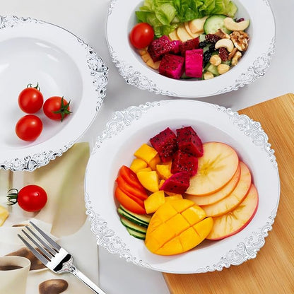 Nervure 50PCS White Plastic Bowls with Silver Rim - 12oz Disposable Soup Bowls, Heavy Duty Salad Ice Cream Bowl Perfect for Weddings, Parties and Everyday Use