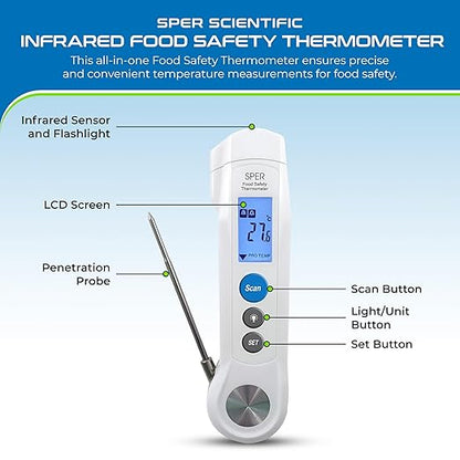 Sper Scientific Dual Function Infrared & Probe Food Safety Thermometer 800115 - Non-Contact Infrared Surface Temperature & Foldable Probe for Internal Temps, Fast & Accurate for Kitchens & more - 2 pc
