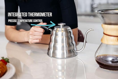 Barista Warrior Pour Over Coffee Kettle with Thermometer for Exact Temperature – Gooseneck Kettle for Pour Over Coffee and Tea, Stainless Steel for All Stovetops (1.0 Liter, 34 fl oz)