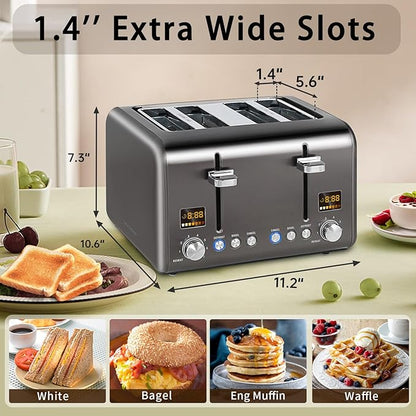 SEEDEEM 4 Slice Stainless Toaster with LCD Display, 7 Shade Settings, Wide Slots, Bagel/Defrost/Reheat Functions, Removable Crumb Tray, 1800W