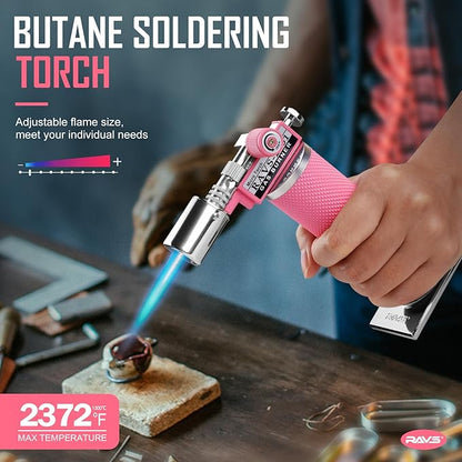RAVS Refillable Butane Torch Lighter, Ultra Premium Gifts for Men, Kitchen Torch Lighter for Creme Brulee, Cooking Torch Gun with Adjustment Flame, Blow Torch for Cooking (Pink)