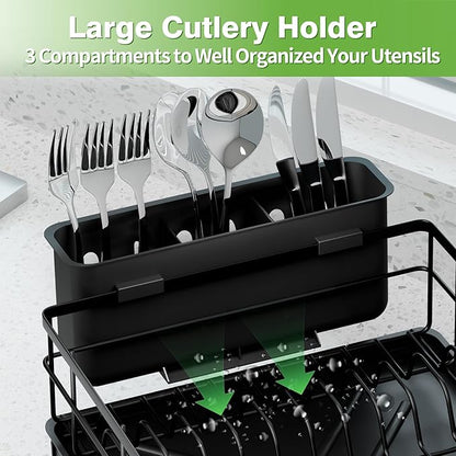 Dish Drying Rack, Large Capacity Dish Drainers for Kitchen Counter with Removeable Cutlery Holder, Rustproof & Sturdy Auto-Drain Multifunctional Organizer for Plates,Cups,knife fork Storage Essentials