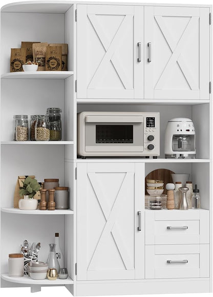 HOSTACK 60.4" Farmhouse Kitchen Pantry Storage Cabinet, Freestanding Hutch with Doors & Shelves, Buffet Sideboard with Microwave Stand, Coffee Bar with Drawers, Cupboard for Dining Room, White