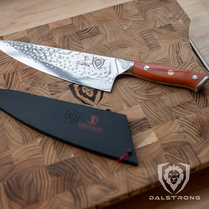 Dalstrong Chef Knife - 8 inch Blade - Shogun Series - Japanese AUS-10V Super Steel Kitchen Knife - Flame Orange Handle ABS - Damascus - Razor Sharp Knife - Professional Full Tang Knives - Sheath