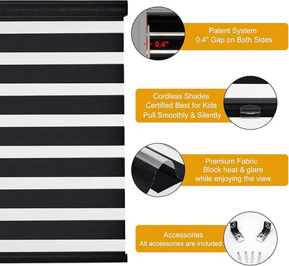 Persilux Cordless Zebra Blinds for Windows Free-Stop Window Shades (27" W X 72" H, Black) Dual Layer Light Control for Day and Night, Light Filtering Sheer Shades for Home, Easy to Install