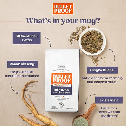 Bulletproof The Enlightener Ground Coffee, 10 Ounces, Medium-Dark Roast Enhanced Coffee with L-Theanine, Panax Ginseng and Gingko Biloba, Supports Mental Clarity, Focus, and Memory
