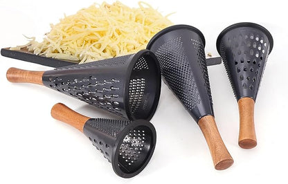 Cone Cheese Grater with Handle Stainless Steel Grater Triple Function Wood Handle Shredder Non-Slip Rubber Bottom Hand Held Multifunction Vegetables Grater Black 4-Size (Size XL:11.8" X 5.1" Black)