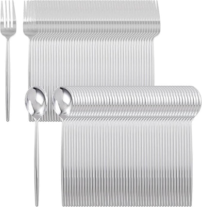 SUT 200Pcs Plastic Silverware,Plastic Spoons and Forks, Disposable Silverware,Silver Plastic Silverware, Disposable Forks and Spoons, Includes 100 forks, 100 spoons for Party, Birthday, Wedding