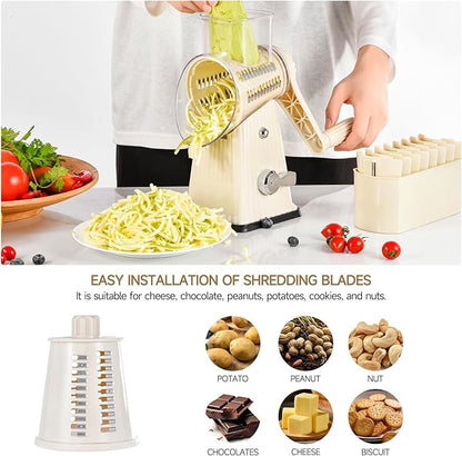 Xilrvna RotaryCheese Grater,VegetableShredder 5 in 1 Cheese Grater with HandleedderReinforcedSuction,EasytoClean,KitchenChopperforCrushedIce,Fruits and Nuts with Blade Storage Case（White