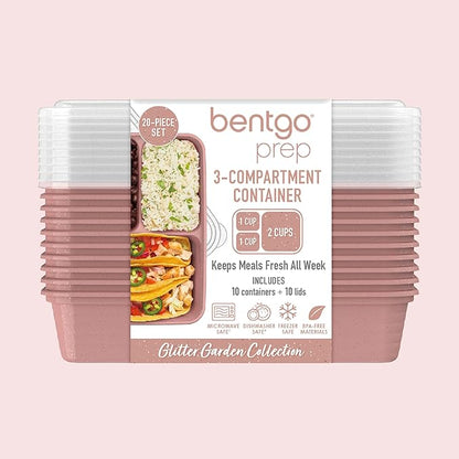 Bentgo Prep - 20-Piece 3-Compartment Reusable Meal Prep Containers with Lids, PFAS & BPA Free Materials, Durable, Microwave, Freezer, & Dishwasher Safe To Go Food Storage (Rosette Glitter)