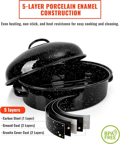 Enamel Granite Roasting Pan with Lid 18 Inch with Rack, Extra Large Deep Oven Baking Pot, NonStick Oval Carbon Steel Potato Roaster Pan for Turkey Chicken Steak NonToxic Perfect for Party Thanksgiving