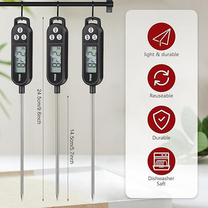 6 Pcs Instant Read Meat Thermometer with Long Probe 9.65 Inch Kitchen Cooking Food Candy Waterproof Digital Thermometer for BBQ Water Milk Yogurt Liquid Cooking(Black)