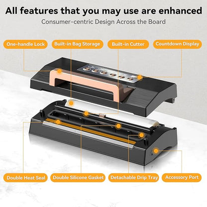 2025 Black Stainless Steel Food Vacuum Sealer, VACAPEX Deluxe Vacuum Sealer Machine with 11" Double Heat Seal and Automatic One-Touch System, Bags Storage & Cutter, Easy-Lock Handle with 2 Bag Rolls