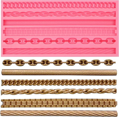 Chain and Rope Pattern Silicone Mold, 6 Designs, Pink Fondant Decorating Tool