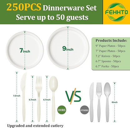 250PCS Disposable Paper Plates Set and Utensils, Compostable Dinnerware 9 and 7inch Plates, Biodegradable Paper Plates, Forks, Knives and Spoons for Party 50 People