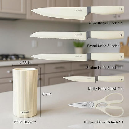 KUISINE Sharp Chef Knife Set Upgraded,High Carbon Stainless Steel Ergonomic Handle Knife Set with 3-hole Bottom Block,Easy to Drain and Clean(Ivory Silver Pro,6PCS)