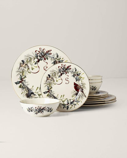 Lenox 894540 Winter Greetings 12-Piece Dinnerware Set, Red & Green, 12 Count, Christmas, Holiday Hosting