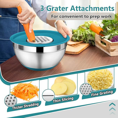 P&P CHEF Mixing Bowl with Lids Set of 3, Stainless Steel Nesting Salad Bowls for Serving Preparing, 3 Grater Attachments & Non-Slip Bottoms, Size 1.5/2.6/4.6 QT, Blue