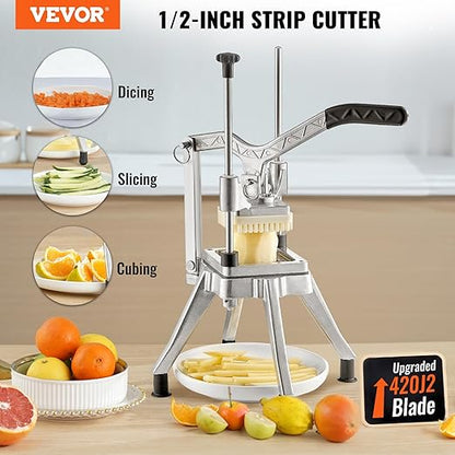 VEVOR Commercial Vegetable Fruit Chopper 1/2″ Blade Heavy Duty Professional Food Dicer Kattex French Fry Cutter Onion Slicer Stainless Steel for Tomato Peppers Potato Mushroom, Sliver