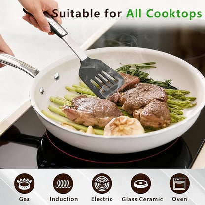 8" Ceramic Frying Pan Nonstick, Small Skillet, Cooking Pan Non Toxic with Stay Cool Handle for Induction, Chef's Pan, PTFE & PFAS & PFOA Free, Dishwasher/Oven Safe, White