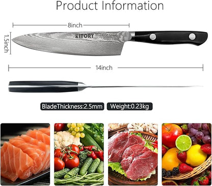 Damascus Chef Knife 8" - VG10 Super HC Steel, 67 Layers, Military G10 Handle, Ergonomic Design for Precision Cuts