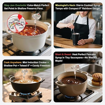 Upgraded Candy Thermometer Waterproof IP67 - Oil Thermometer for Frying with Clips - 5" Side of Pot Rainbow dial Thermometer Deep Fry for Oil Candy Candle Shallow Pot BBQ - Silver XL