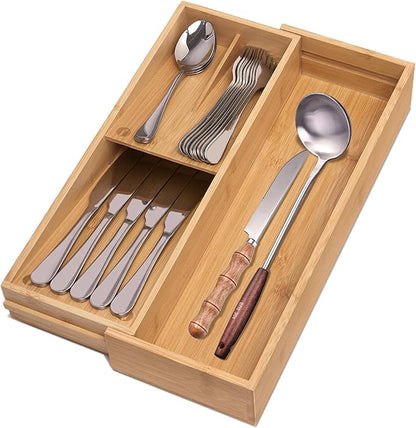 Bamboo Kitchen Drawer Organizer, Silverware Organizer Expandable Utensil Holder with Removable Knife Block, Cutlery Tray with Drawer Dividers for Kitchen Utensils and Flatware