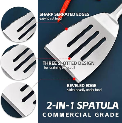 Heavy Duty Grill Tools Set Multi-Function Grill Set Accessories BBQ Set Premium Stainless Steel Spatula Fork & Tongs, Barbecue Utensils Tool Kit Gift for Men Women Grilling Lover Outdoor