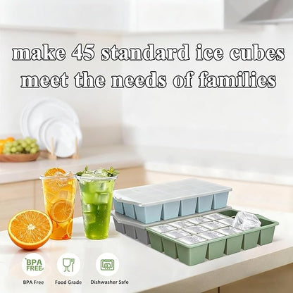 Silicone Ice Cube Tray, 3 Pack Easy-Release Stackable Ice Trays for Freezer with Lid 15 Reusable Cubes, Food Grade BPA Free Ice Molds for Whiskey, Baby Food, Coffee, Cocktail (Blue+Green+Grey)