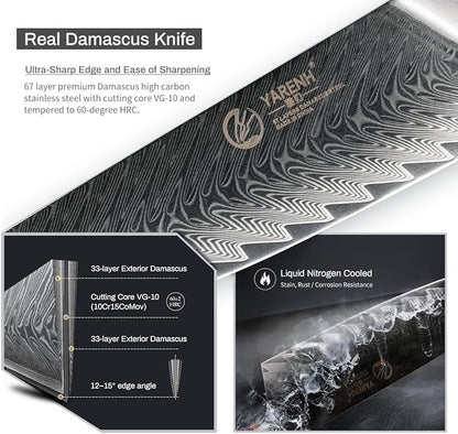 YARENH 8-Piece Kitchen Knife Set with Block,Damascus Chef Knife, 67-Layer High Carbon Stainless Steel,Sharp Rust-Resistant Blades,Sandalwood Handle