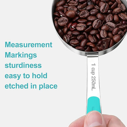 Measuring Cups and Spoons Set, Stainless Steel 10 Piece for Cooking and Baking (5 Cups + 5 Spoons, Aqua Sky Handle)