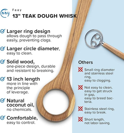 FAAY 13" Dough Whisk, 100% Healthy Teak Kitchen Utensils for Bread Mixing, Sourdough, Batter Preparation, Baking, and Cooking Tools