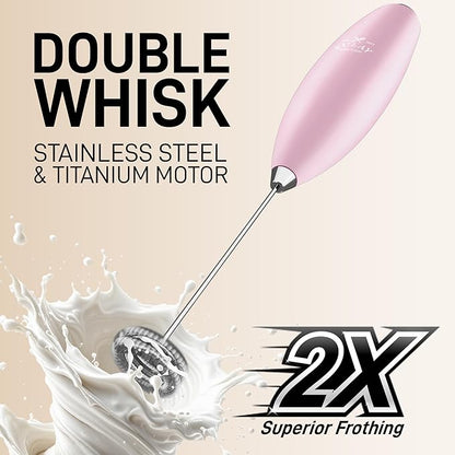 Zulay Kitchen Powerful Double Whisk Milk Frother Handheld - Foam Maker With Stand - Whisk Drink Mixer for Coffee, Mini Foamer for Latte, Matcha, Frappe, Hot Chocolate & Cappuccino - Pink