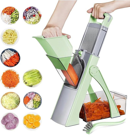 New Upgrade Safe Mandoline Slicer Plus, Biger Size, Adjustable Vegetable Food Chopper Potato Fries Cutter, Detachable Blade, Kitchen Chopping Artifact with Container. Green
