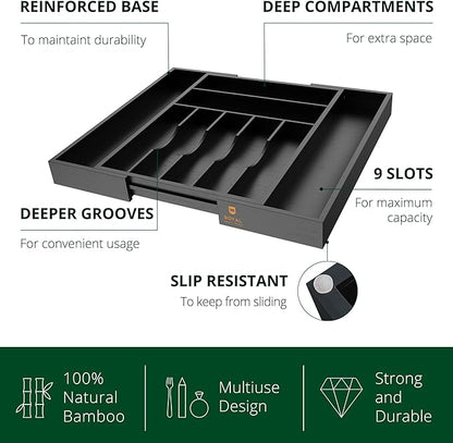 ROYAL CRAFT WOOD Luxury Bamboo Kitchen Drawer Organizer - Silverware Organizer - Utensil Holder and Cutlery Tray with Grooved Drawer Dividers for Flatware and Kitchen Utensils (9 Slot, Black)
