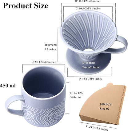 Pour Over Coffee Maker with 100 Sheets of V60 Paper Filter, 15 oz Ceramic Coffee Mug & Ceramic Coffee Dripper, 1 Cup-Single brew coffee set, Purple