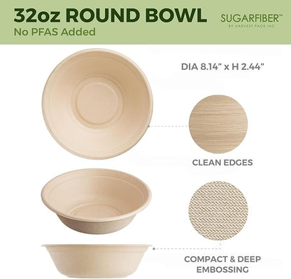 [50 COUNT]Harvest Pack PFAS FREE 32oz Round Paper Bowls, Compostable Heavy-Duty Eco-Friendly Disposable Bagasse Large Soup Bowls, sugarcane made for Meal Prep Takeout Dinnerware, Microwave Safe