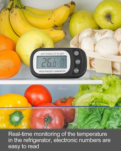 Frienda 8 Pack Black Digital Fridge Thermometer Waterproof Refrigerator and Freezer Room Max/min Record Function LCD Screen Refrigerator Thermometer with Hook and Magnetic Back for Home