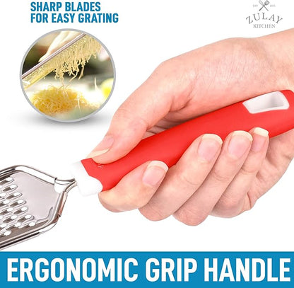 Zulay Kitchen Professional Cheese Grater Stainless Steel - Durable Rust-Proof Metal Lemon Zester Grater With Handle - Flat Handheld Grater For Cheese, Chocolate, Spices, And More - Red