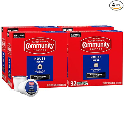 Community Coffee House Blend, Medium-Dark Roast, Single-Serve Keurig K-Cup Pods, 32 Count (Pack of 4)