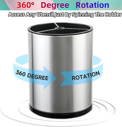 Utensil Holder,Large 360°Rotating Kitchen Utensil Holder For Counter,Cooking Silverware Organizer Stainless Steel Caddy Flatware Spoon Spatula Tool Cutlery Container