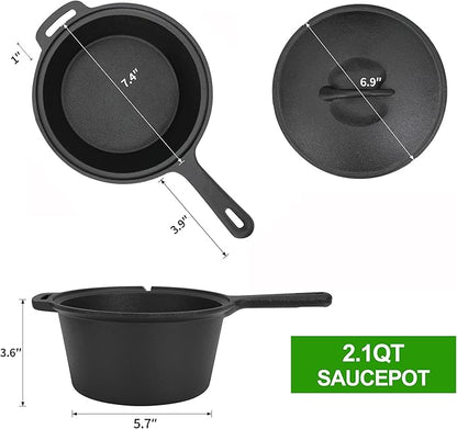 8 Piece Pre-Seasoned Dutch Oven Cooking Set Cast Iron Camping Kitchen Cookware Bakeware Skillets & Square Grill Pan w/Vintage Carrying Wood Box for Ourdoor Home BBQ Baking
