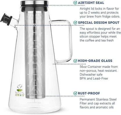 BTaT- Airtight Cold Brew Iced Coffee Maker Pitcher, 2 Liter/ 64 oz, Iced Tea Maker with Spout, Brewing Glass Carafe with Removable Stainless Steel Filter