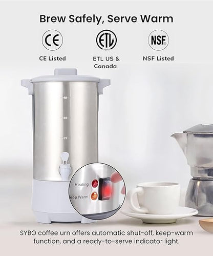 SYBO 45Cup Coffee Urn, Commercial Grade Stainless Steel Percolate Coffee Maker, Removable Filter, Easy to Clean, Hot Water Urn for Catering, Hot Beverage Dispenser with Cool-Touch Handles, 6L, Grey